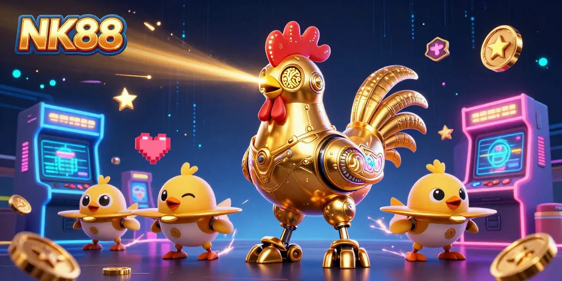 Join the adventure with NK88 as the golden rooster robot and baby chick drones gamely battle through an electrifying casino!