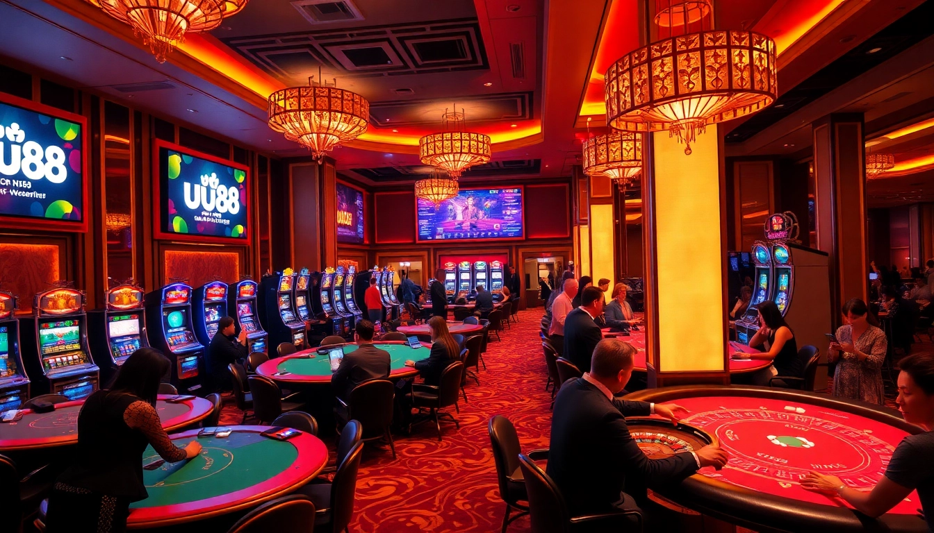 Engaging scene depicting the uu88 casino experience with players enjoying table games and slot machines.