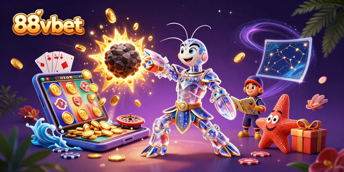 Embark on an adventure with 88vbet's galactic gaming scene, featuring dynamic casino symbols and characters.