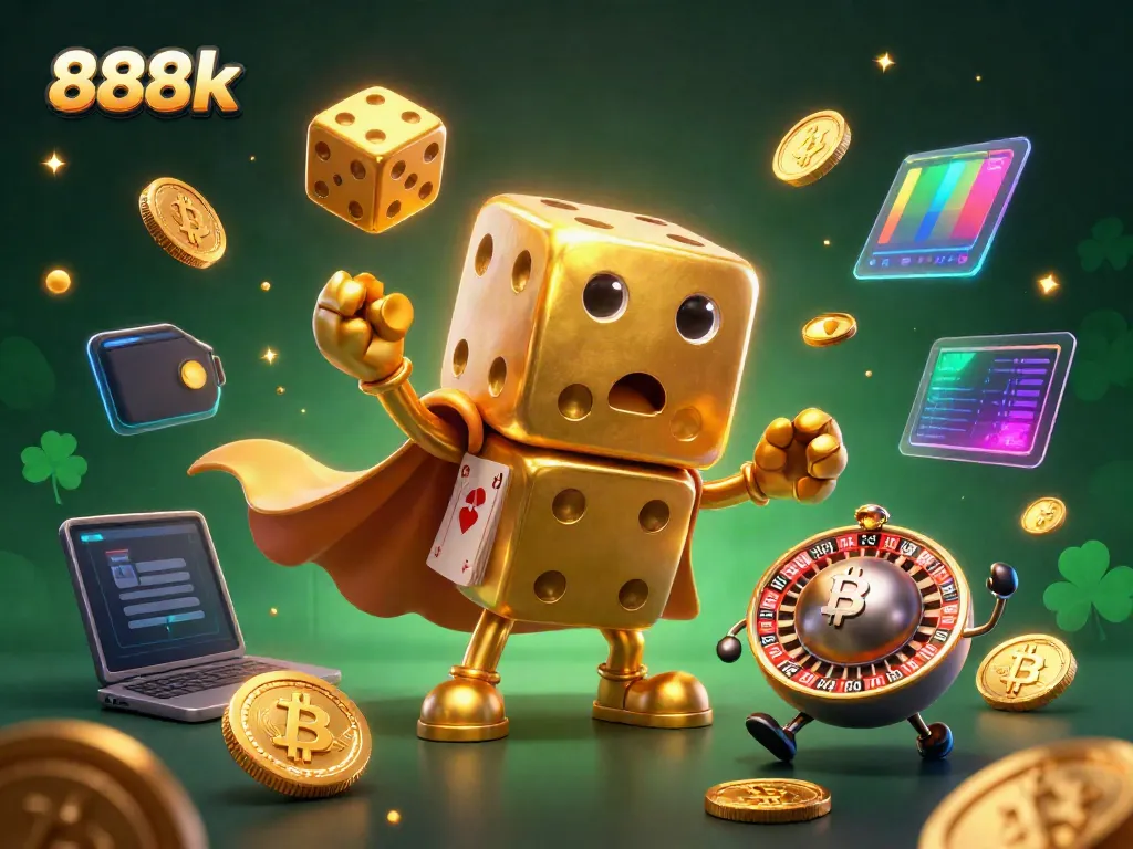 Join the thrilling action with 888k as a golden dice golem juggles while showcasing crypto coins in a lively casino scene.