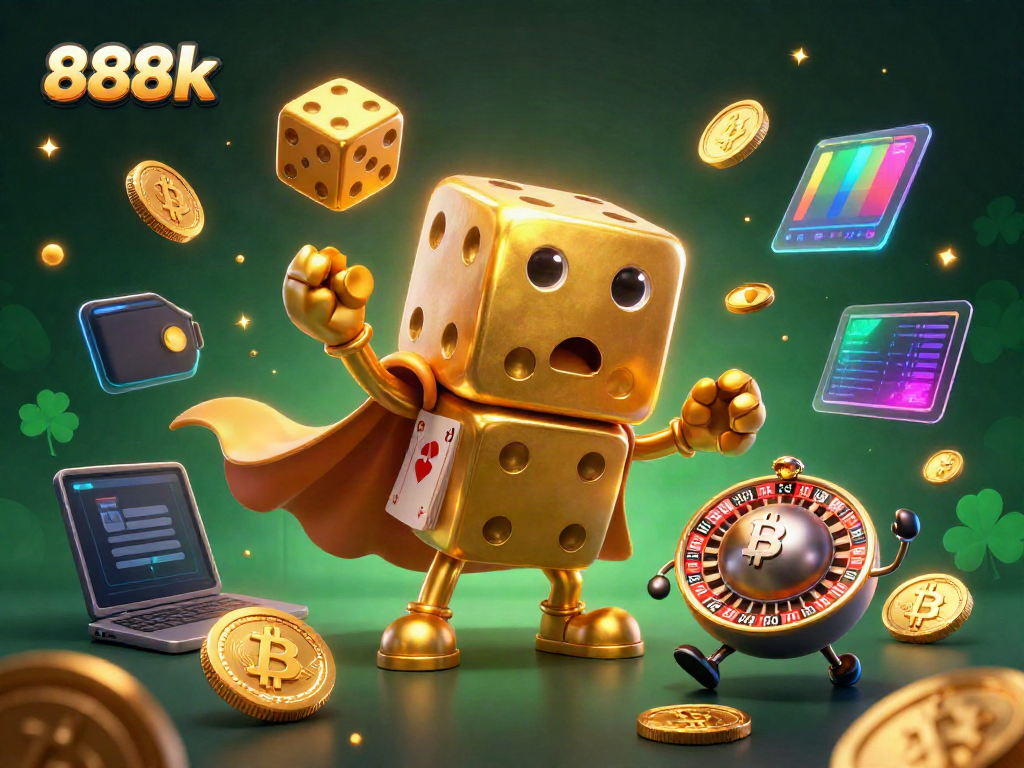 Join the thrilling action with 888k as a golden dice golem juggles while showcasing crypto coins in a lively casino scene.