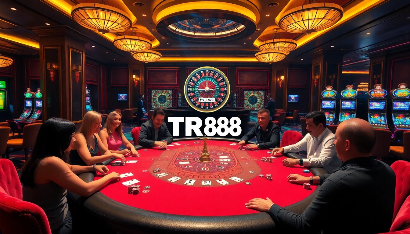 Engaging poker players at a luxury casino table showcasing the TR88 brand and vibrant atmosphere.