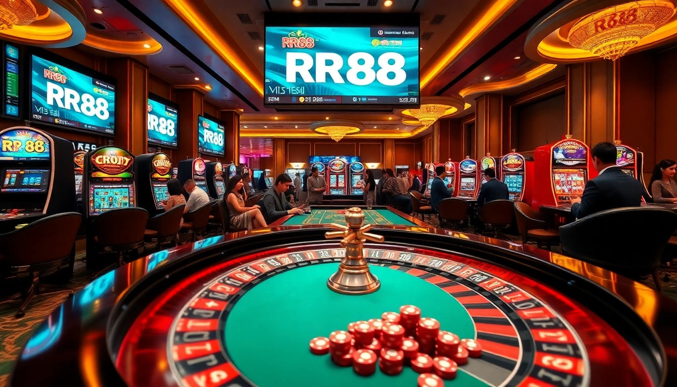 Exciting gambling scene at https://rr88.select/ showcasing roulette and vibrant slot machines.