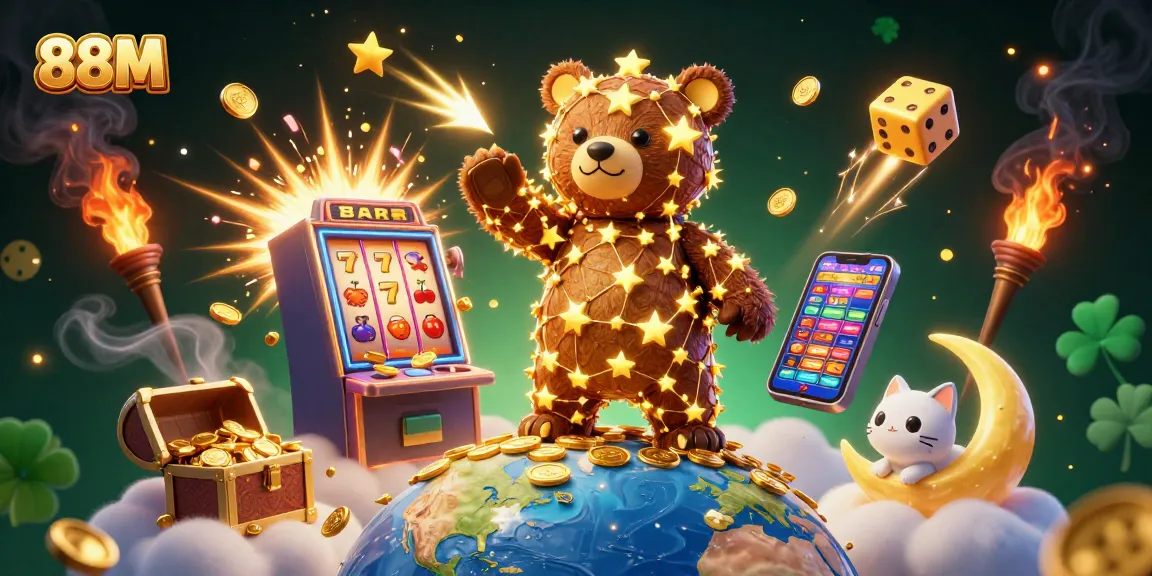 88M online casino illustration showcasing a constellation bear collecting coins amidst a jackpot explosion.