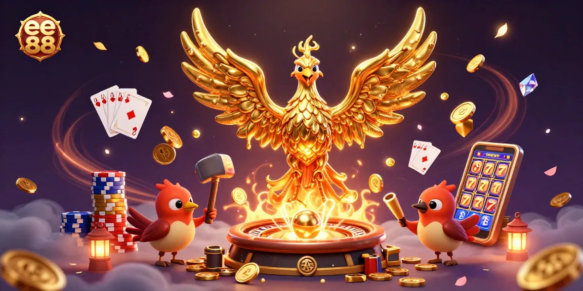 Win big with engaging gameplay at ee 88, showcasing a dynamic casino illustration filled with gold coins and excitement.