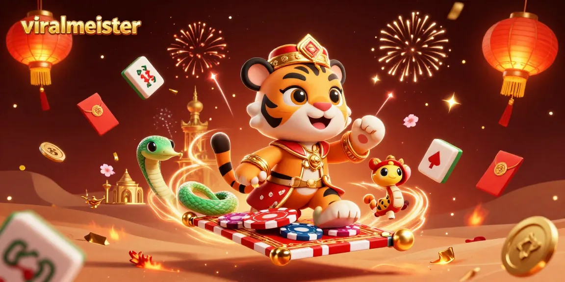 Experience the excitement of viralmeister with a vibrant 3D casino scene featuring a sultan and genie amidst gaming elements.