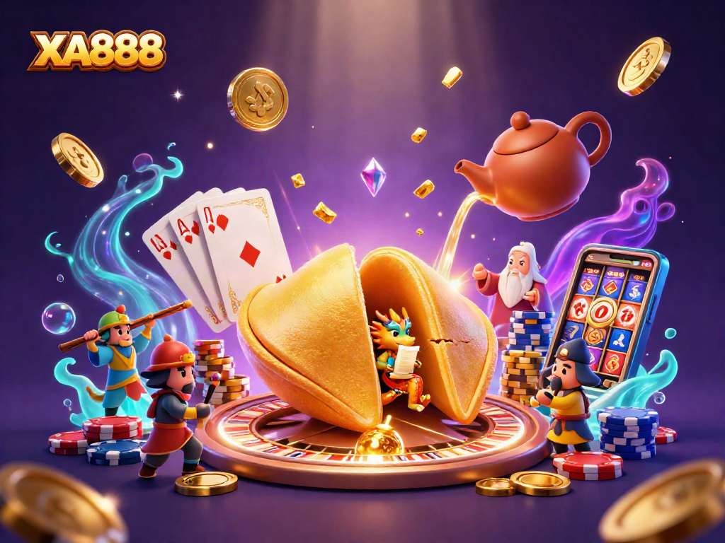 XA888 showcases vibrant casino art with a dragon guarding fortunes and golden rewards.
