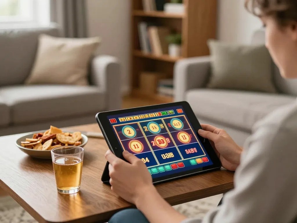 27G online casino excitement captured during home gaming session with tablet and snacks