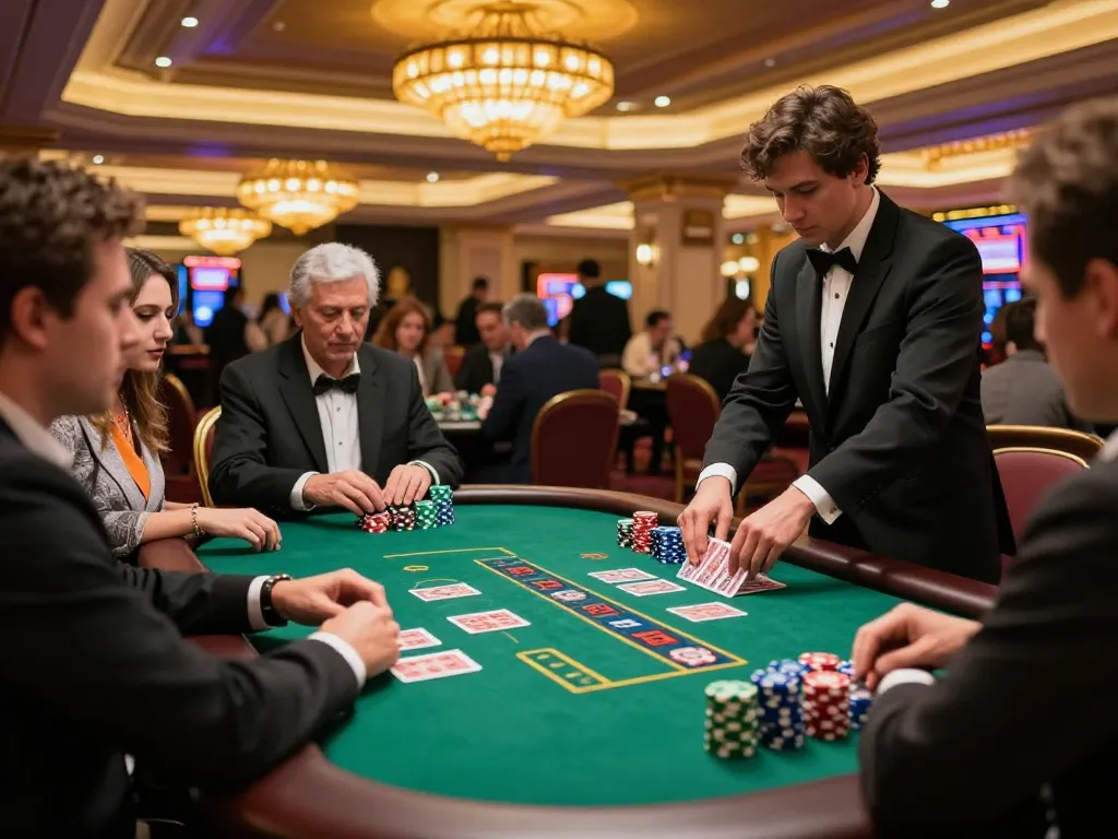 Players engaging in an exciting blackjack game at a casino table featuring DU88 chip stacks and dealer action.