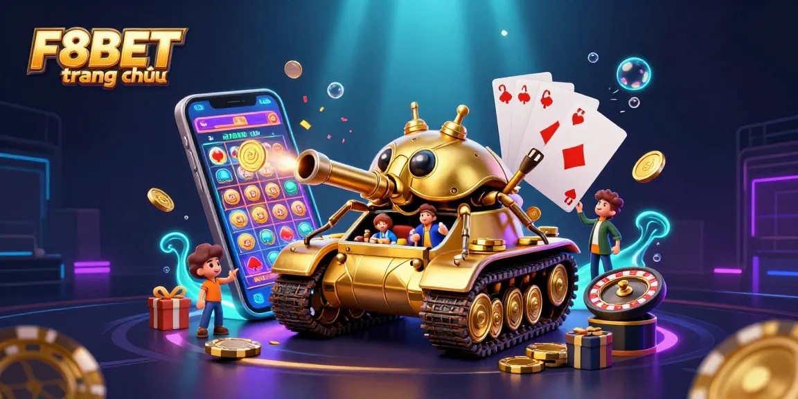 Experience the excitement of F8BET trang chủ with a dynamic 3D casino scene, showcasing various games and elements.