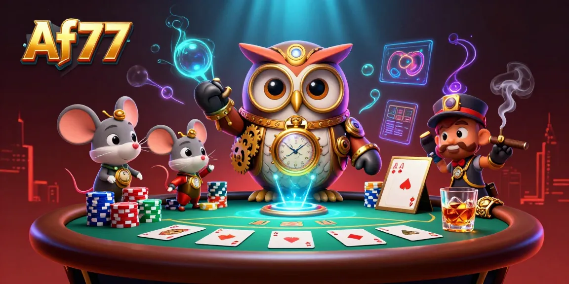Experience thrilling gameplay with Af77 as an owl and mouse navigate a vibrant casino scene.