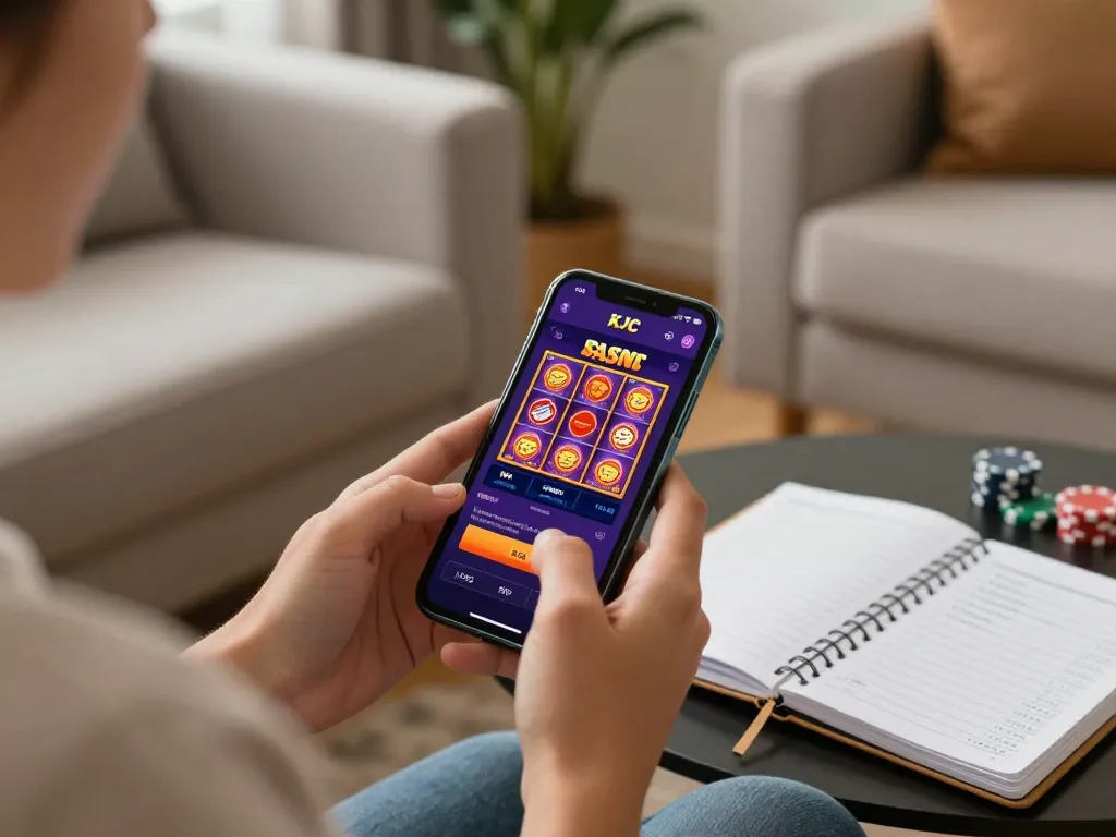 KJC player enjoying a mobile casino game on smartphone in a cozy living room.