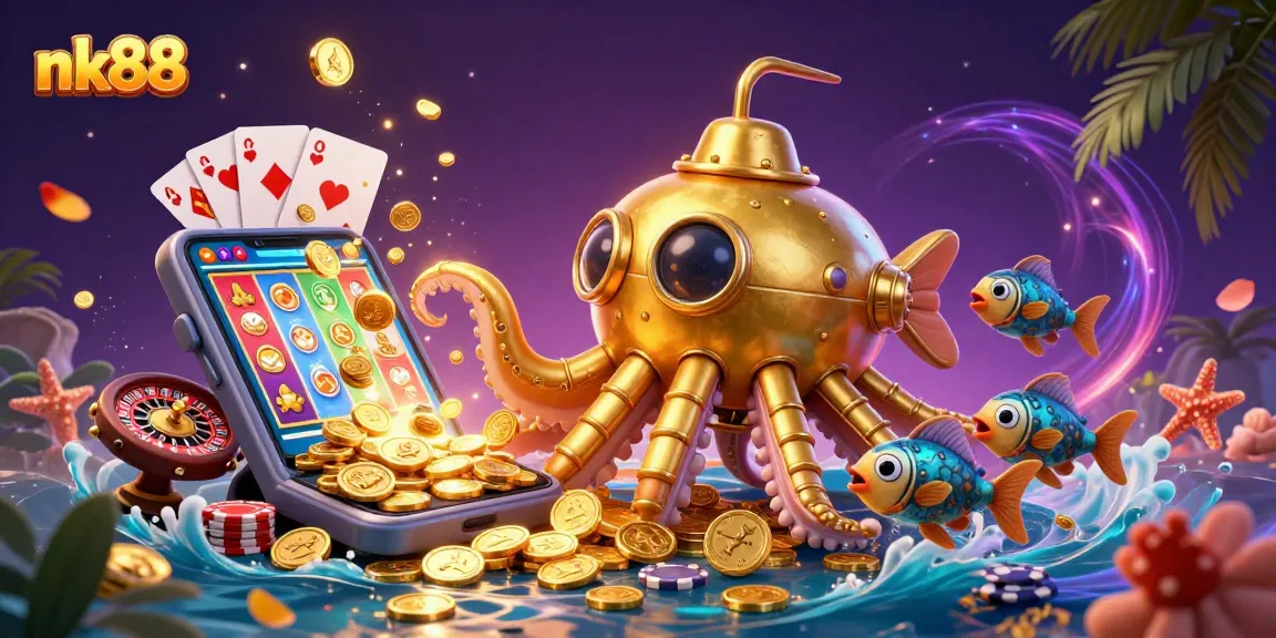 Immerse in nk88's casino action with a golden kraken submarine and colorful slot games exploding with coins.