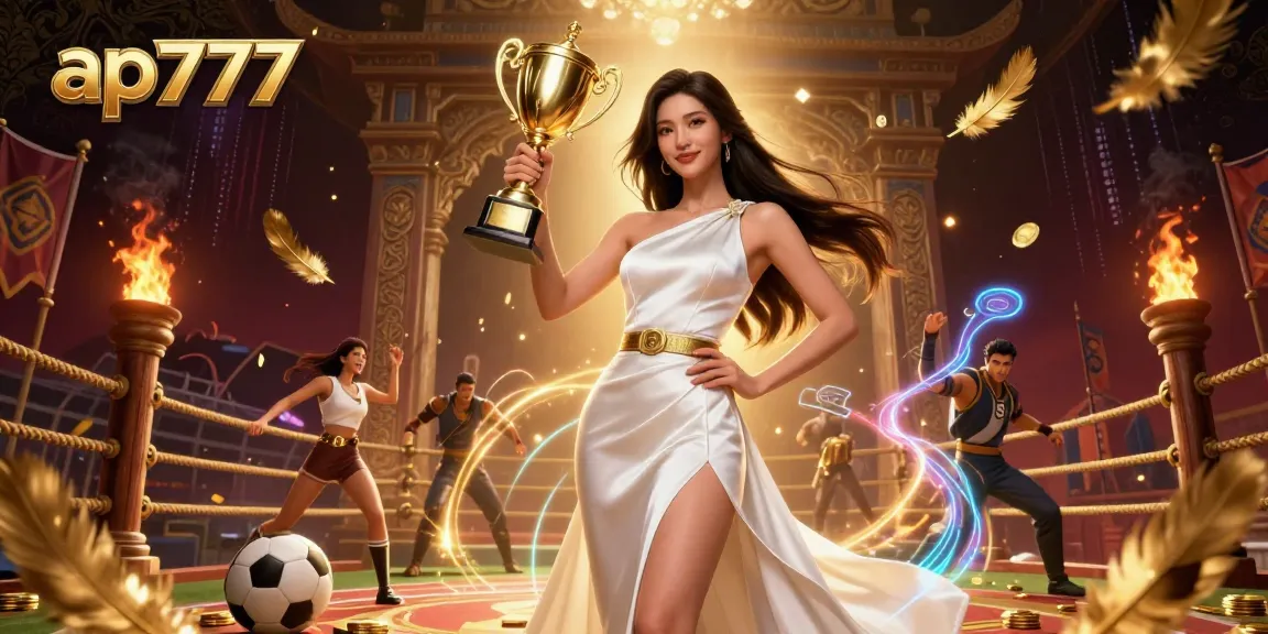 Ganhe muito no ap777 com elementos de apostas esportivas envolventes e um personagem asiático vitorioso em uma cena dinâmica de cassino.
