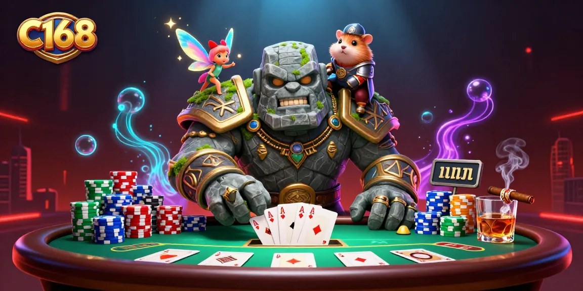C168 players winning at the poker table with magical characters in a vibrant casino scene.