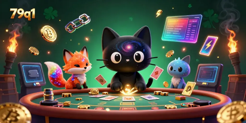 Play exciting games at 79q1 with the cosmic casino illustration featuring a black hole cat!