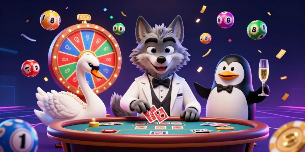 Experience the excitement of uk88 with a debonair wolf, elegant swan, and sophisticated penguin celebrating at a vibrant baccarat table.