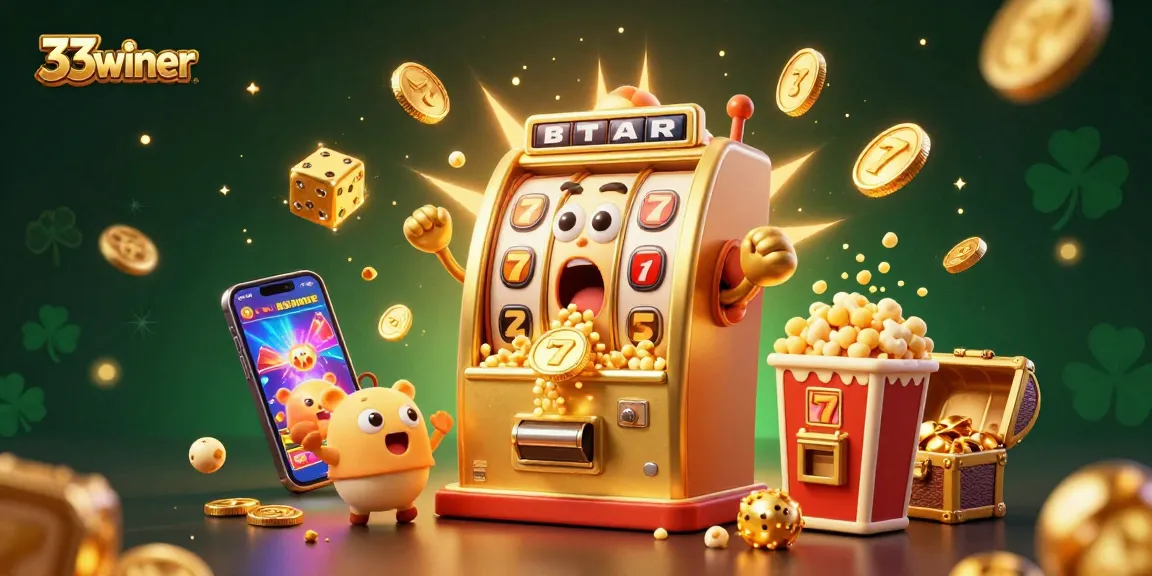 Engage with 33winer's animated golden slot machine hitting the jackpot surrounded by cheerful slots and coins.