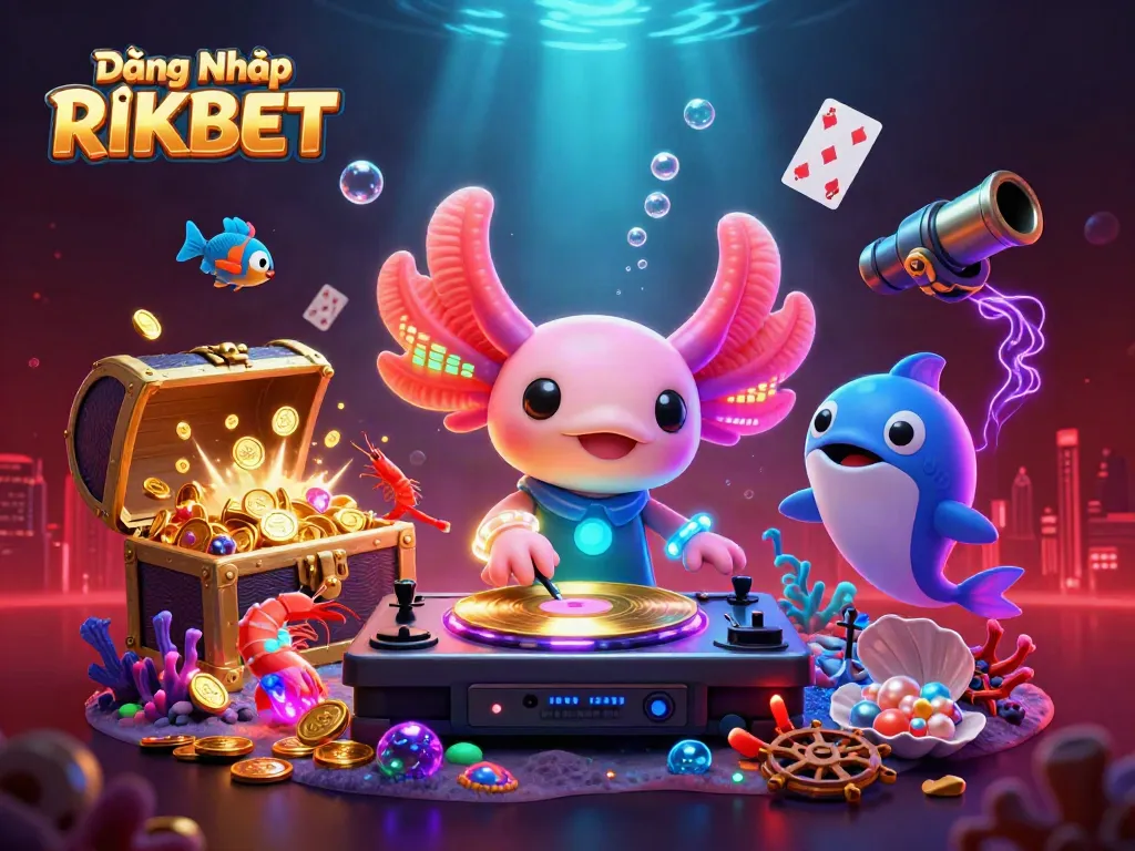 Engage with Đăng Nhập RIKBET in a vibrant underwater casino scene with neon characters and treasure elements.