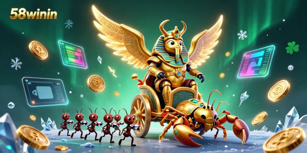 Engage with thrilling bets at 58winin, highlighted by a colossal golden scarab beetle in a vibrant casino scene.