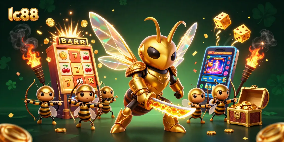 Experience thrilling gaming at lc88 with a dynamic scene featuring a golden hornet and casino symbols.