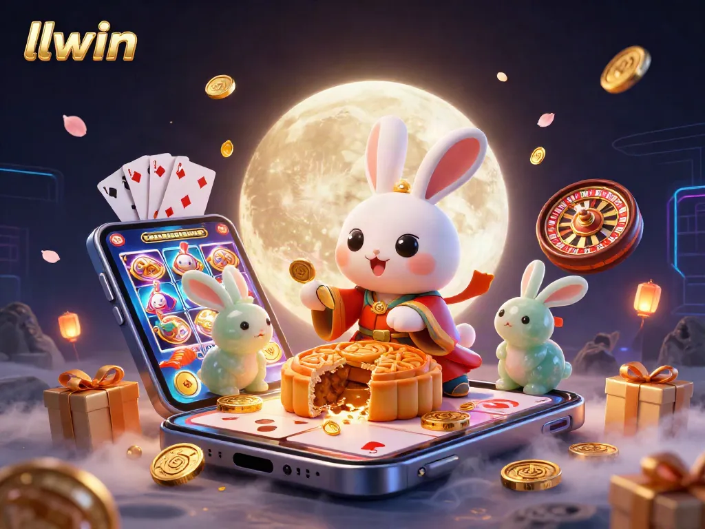 llwin's captivating lunar scene showcases a rabbit character revealing poker chips amid vibrant slot games.