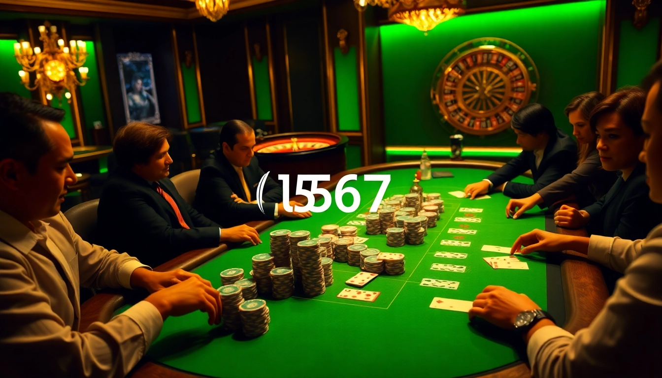 Experience high-stakes gaming at l567 with players engaged in intense poker action, showcasing luxurious atmosphere.