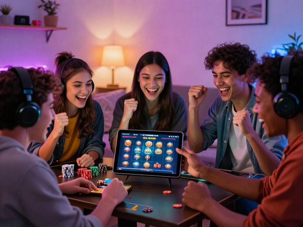 Engaging friends enjoying SKY88 online gaming experience in a lively living room.