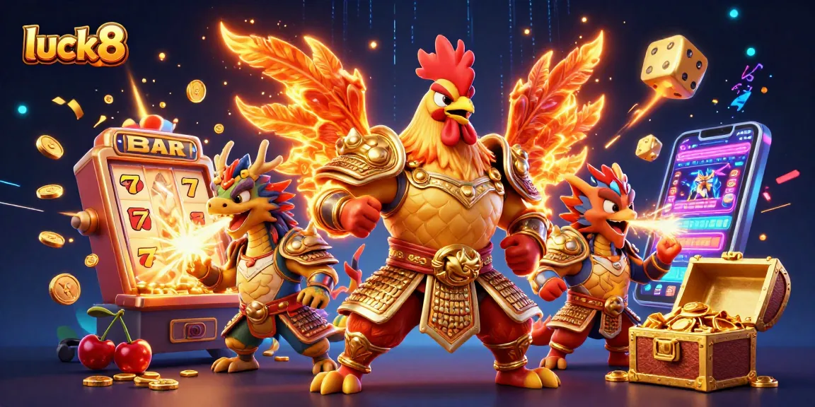 Experience the excitement at luck8 with dynamic characters and thrilling casino elements in a vibrant illustration.