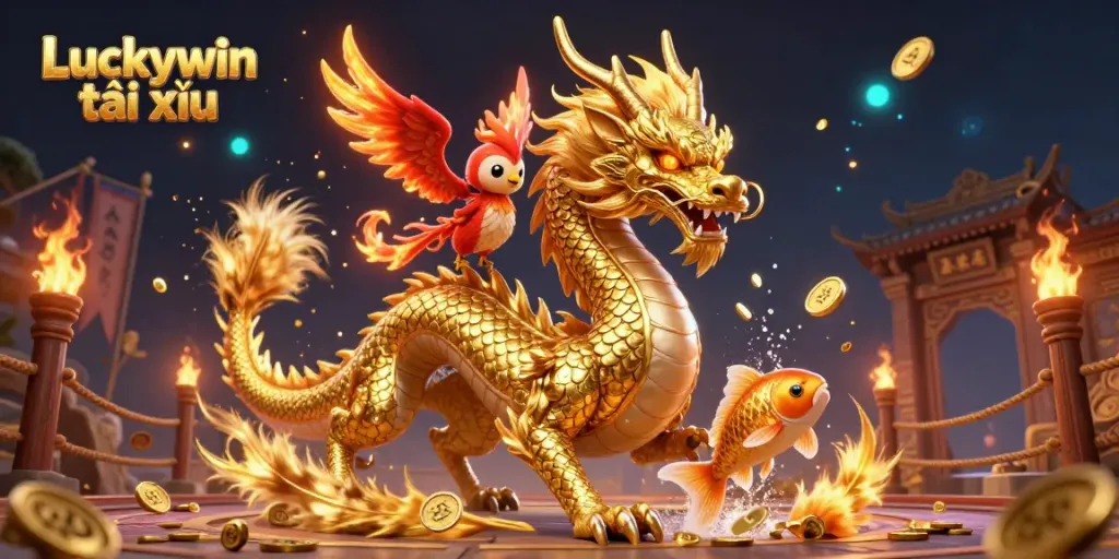Experience thrilling gameplay with Luckywin tài xỉu featuring golden dragon and koi fish in a vibrant casino setting.