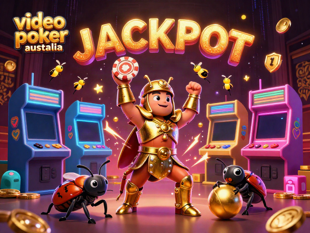 A vibrant scene of video poker australia featuring a victorious hercules beetle and energetic gambling elements.