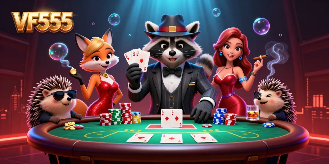 Experience the excitement of VF555 gambling with suave characters and vibrant casino elements.
