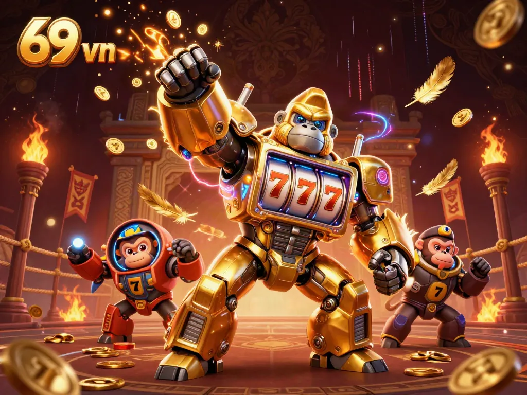 Experience the thrill of gaming at 69 vn with a dynamic gorilla mech in a vibrant casino scene.