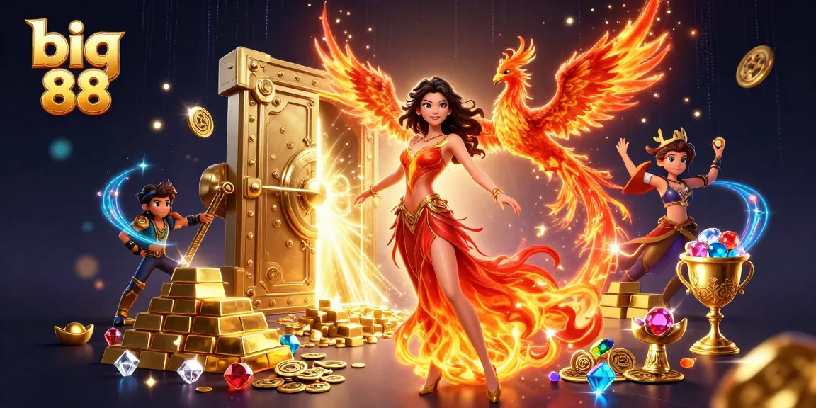 Engaging big 88 casino scene featuring an Asian woman with fiery gown and treasure elements.