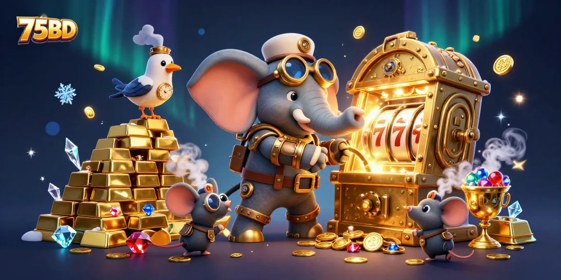 Spin with excitement at the 75BD slot machines as treasures and gems surround lively steampunk characters.