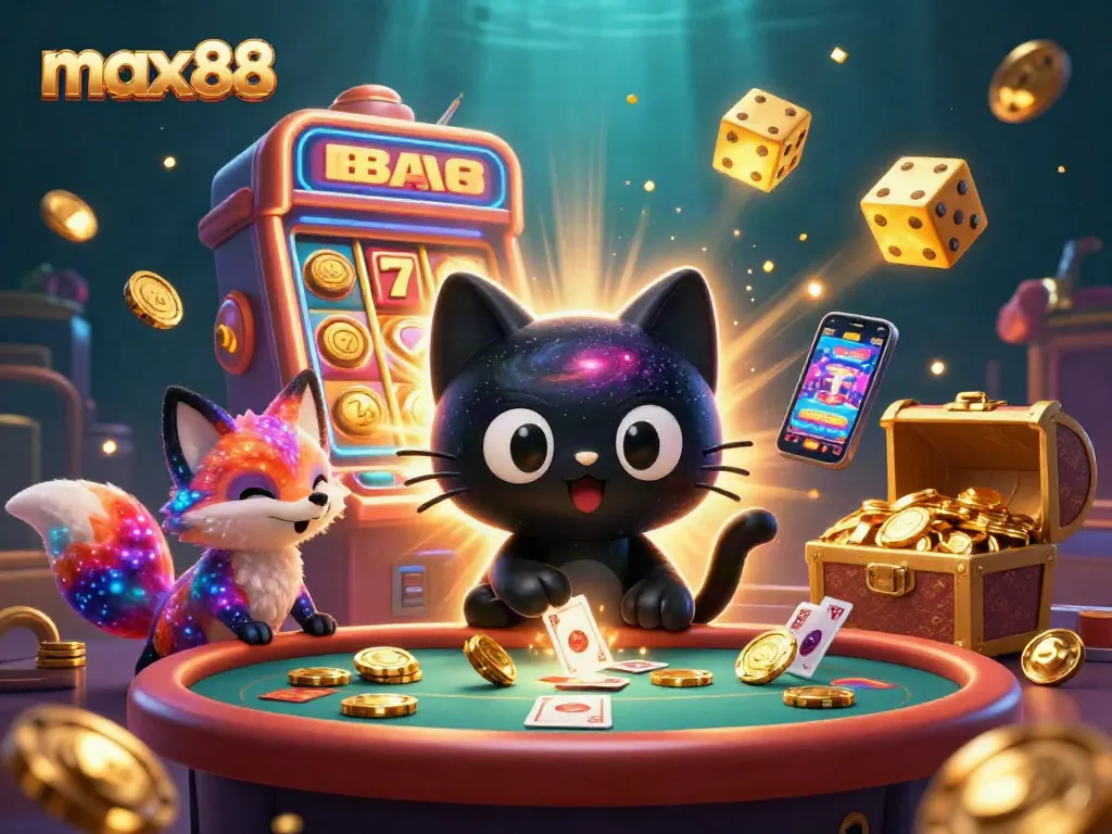 Experience max88's vibrant cosmic casino with a black hole cat and nebula fox in action.