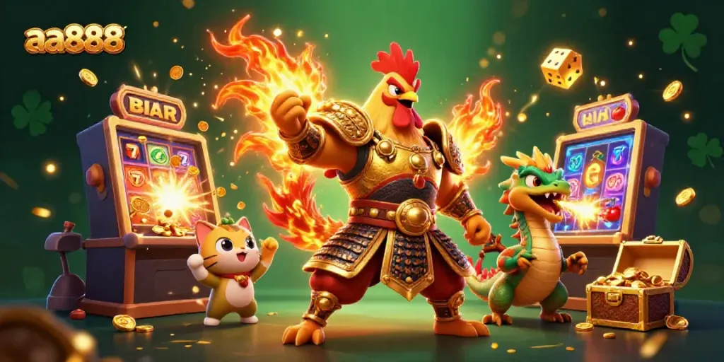 Experience thrilling gameplay at aa888 with a dynamic scene featuring unique characters and vibrant casino elements.