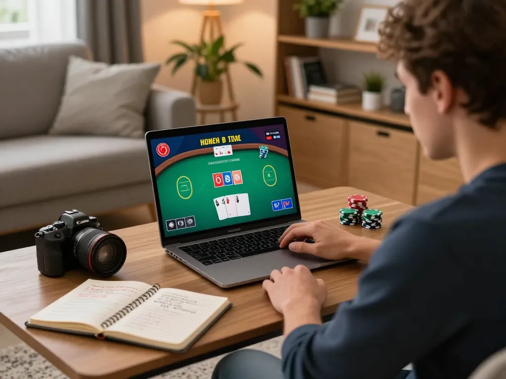 Engaging in game đánh bài đổi thưởng during a cozy home poker session with chips and strategies.