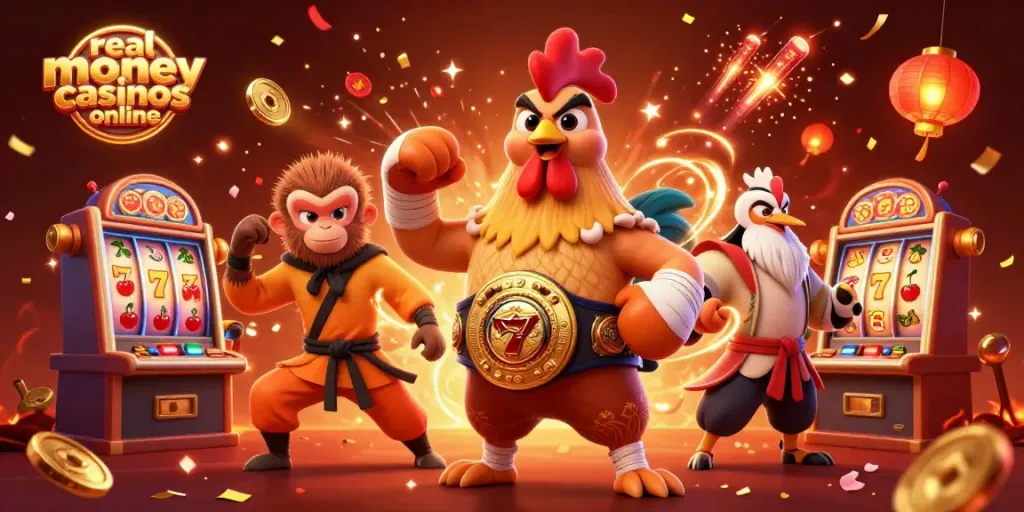 Engage with real money casinos online, featuring vibrant characters and gaming elements in a dynamic casino scene.