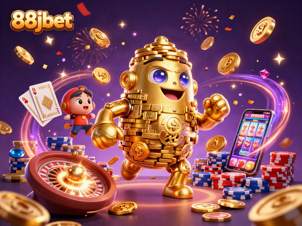 Experience excitement at 88jbet with a dynamic 3D casino scene packed with vibrant gaming elements.