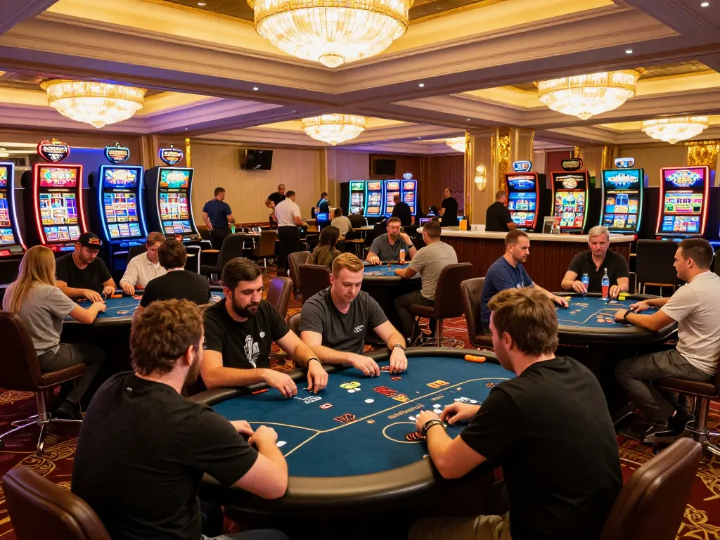 LUCKY88 casino floor bustling with players at poker tables and vivid slot machines, showcasing excitement.