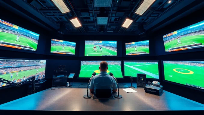 Engaging sports broadcasting studio with announcer and vibrant sports visuals.