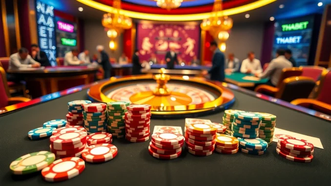 THABET showcases vibrant casino excitement with poker chips and a roulette wheel.