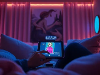 Engaged user chatting with an NSFW chat bot on a modern tablet in a cozy atmosphere.