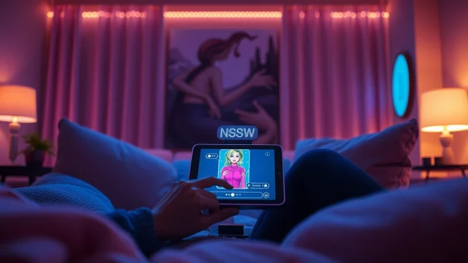 Engaged user chatting with an NSFW chat bot on a modern tablet in a cozy atmosphere.