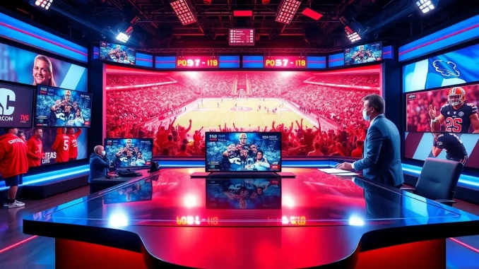Engaging sports broadcasting studio showcasing live updates and vibrant fan energy.
