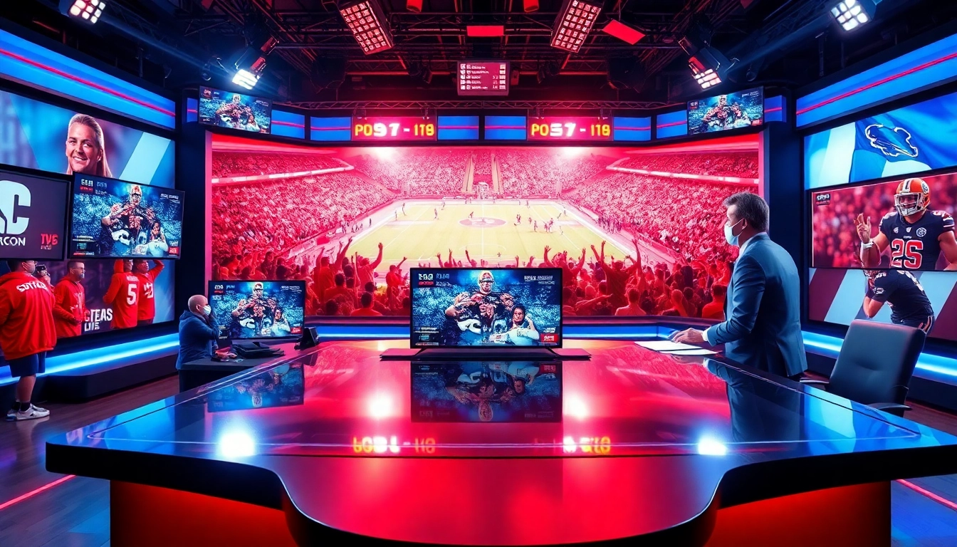 Engaging sports broadcasting studio showcasing live updates and vibrant fan energy.