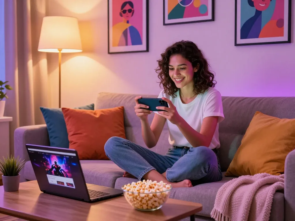 Engaged player enjoying a mobile porn game in a cozy living room.