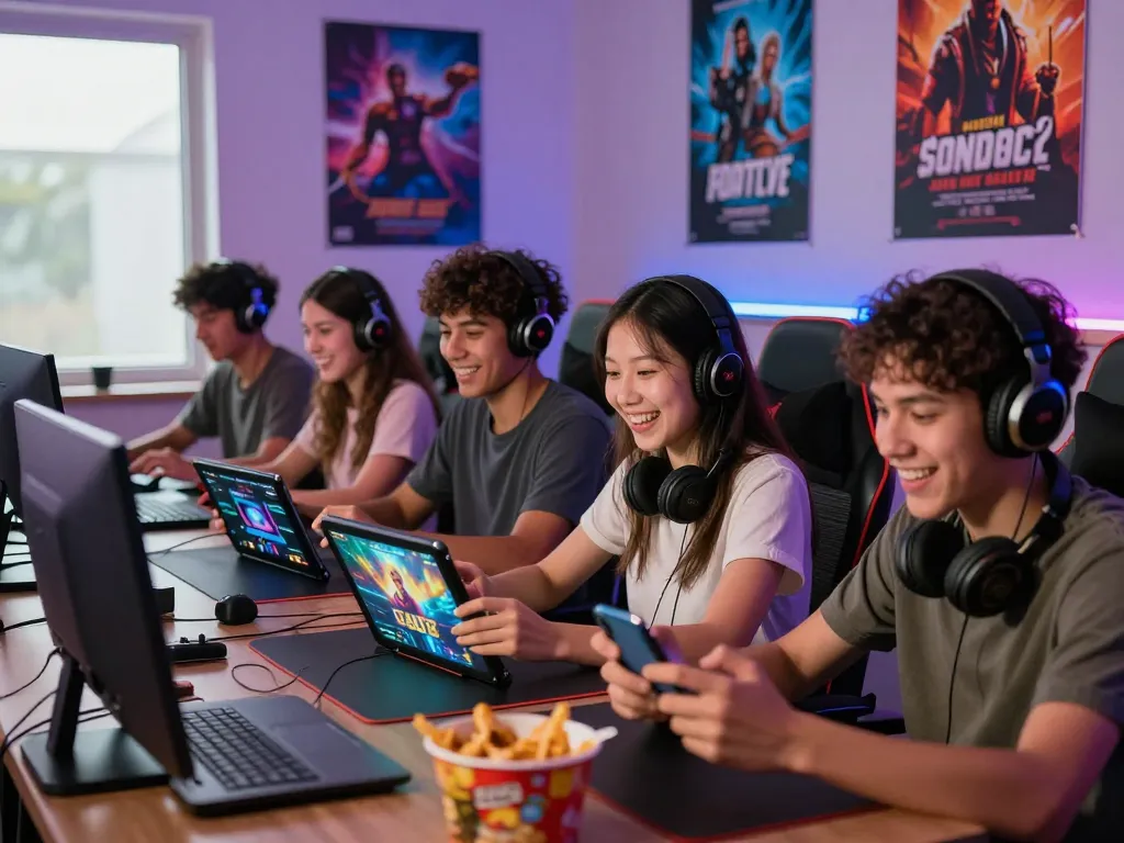 Players enjoying a vibrant adult game experience on multiple devices in a lively gaming room.