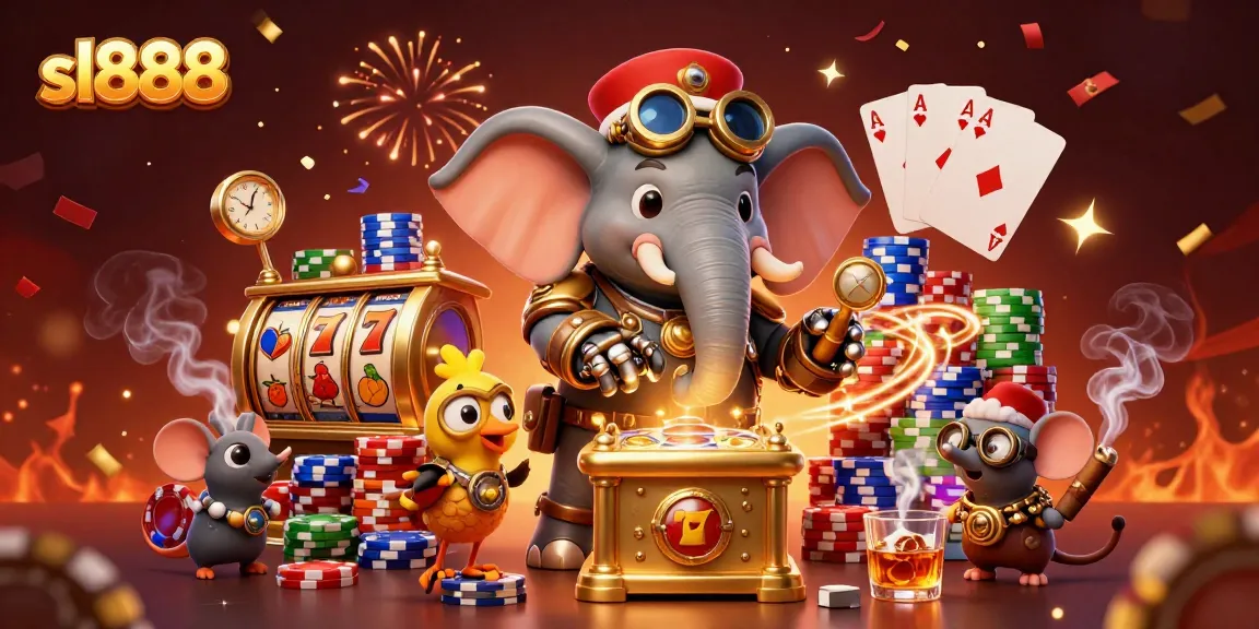 Spin the reels with sl888 in this lively steampunk casino scene featuring colorful slot elements.